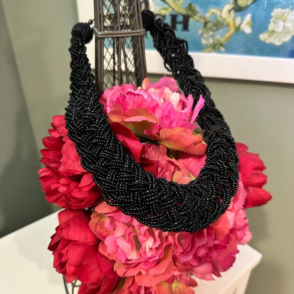 Black Braided Beaded Necklace with Shimmering Faux Stones